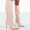 Rosalie Wide Fit Pink Croc Heeled Pointed Toe Knee High Boots