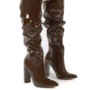 Yours Chocolate Wide Fit Patent Heeled Knee High Block Boots