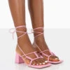 Fanatic Baby Pink PU Square Toe Lace Up Block Mid Heeled Sandals