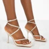 Back Up White Pu Square Toe Strappy Mid Heels
