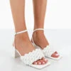 Got This White Pu Woven Square Toe Block Mid Heeled Mule Sandals