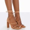 Chloe Nude Pu Strappy Square Toe Lace Up Heels