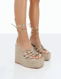 Chakkra Gold PU High Heeled Sandal Espadrilles Wedges