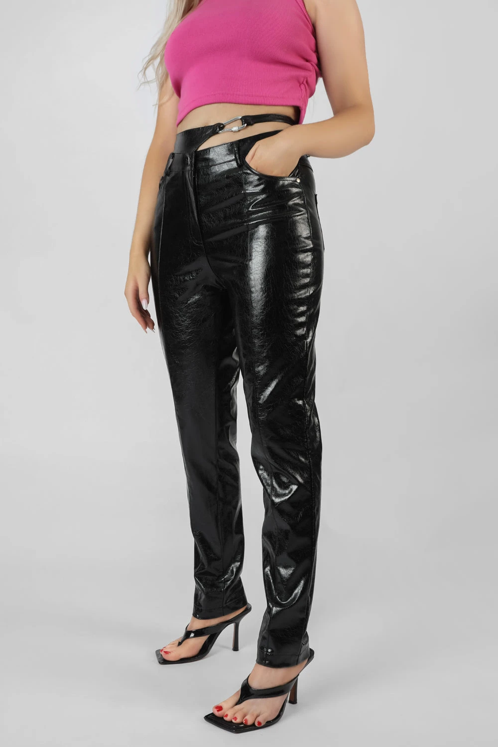 Carabiner Waist Battered Pu Trousers Black - Image 5