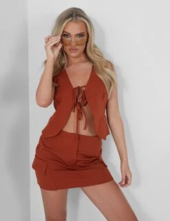 Tailored Tie Front Detail Waistcoat Rust