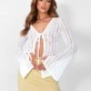 Laddered Knitted Tie Front Top Ivory