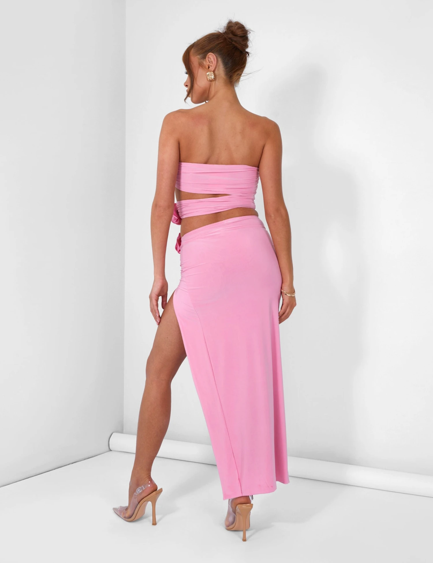 Rose Detail Extreme Split Maxi Skirt Pink - Image 5