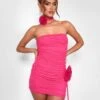 Rose Detail Bandeau Mesh Mini Dress Hot Pink