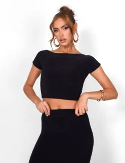 Public Desire Kaiia Off Shoulder Slinky Cropped Top Co-ord In Black