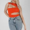 Asymmetric Cut Away Bodysuit Orange