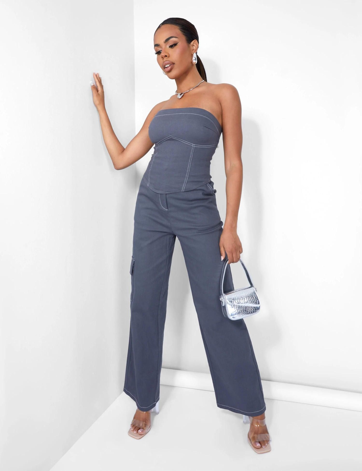 Denim Contrast Stitch Bandeau Top Grey - Image 5