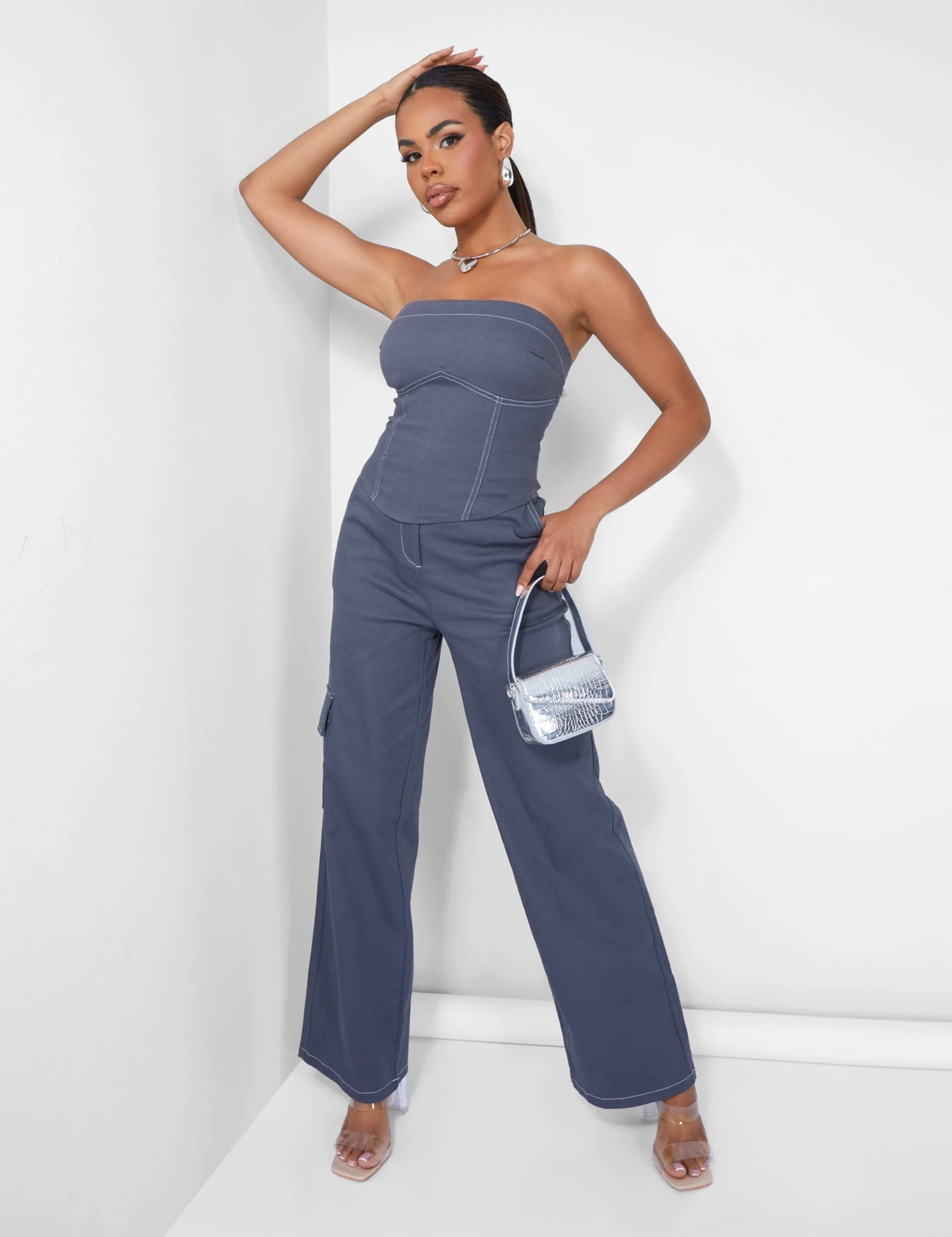 Denim Contrast Stitch Bandeau Top Grey - Image 6