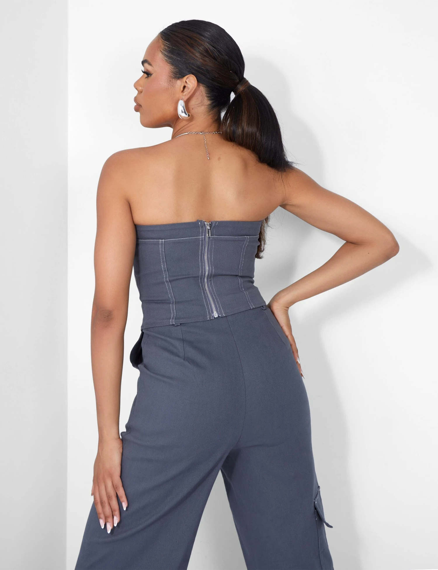 Denim Contrast Stitch Bandeau Top Grey - Image 7