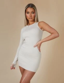 Ribbed Asymmetric Mini Dress Stone