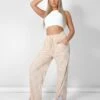 Wide Leg Split Hem Checkerboard Towelling Joggers Sand