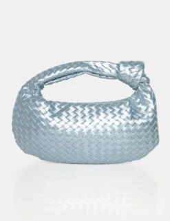 The Blame Metallic Silver Iridescent Woven PU Knot Detail Mini Grab Bag