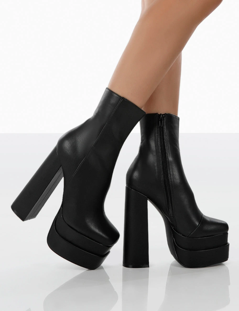 Supine Wide Fit Black Pu Chunky Platform High Heeled Block Ankle Boots - Image 4