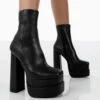 Supine Wide Fit Black Pu Chunky Platform High Heeled Block Ankle Boots