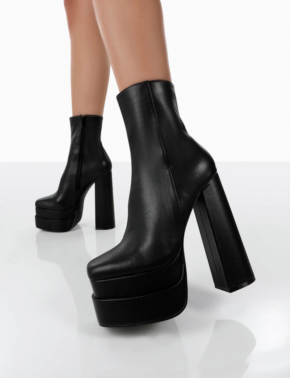 Supine Wide Fit Black Pu Chunky Platform High Heeled Block Ankle Boots - Image 2
