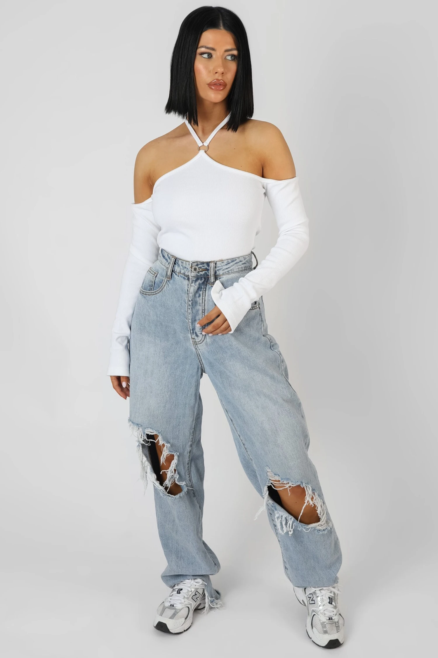 Halterneck Ring Detail Bodysuit Ecru - Image 2