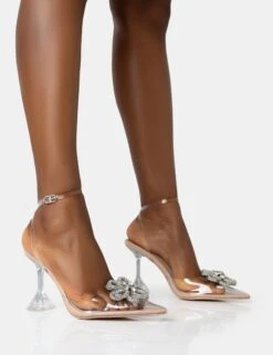 Vibez Nude Patent Diamante Flower Broach Strappy Perspex Cake Stand Pointed Toe Heels