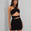 Rose Detail Halter Tie Neck Mini Dress Black