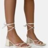 Casey Ecru Strappy Lace Up Square Toe Low Block Heel Sandals