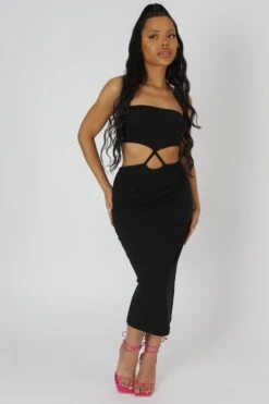 Strapless Bandeau Cut Out Detail Midi Dress Black