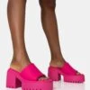 Sabeena Pink Chunky Mule Round Toe Mid Heel Sandals
