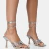 Keri Silver Metallic PU Strappy Lace Up Mid Heels