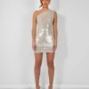 One Shoulder Ruched Metallic Mini Dress Champagne
