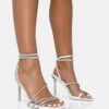 Clueless White Strappy Square Toe Diamante Heels