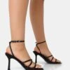 Mademoiselle Wide Fit Black Satin Strappy Square Toe Mid Stiletto Heels