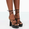 Giana Black Patent Strappy Lace Up Block Heels