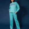 Seam Front Straight Leg Embroidered Joggers Aqua