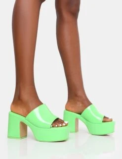 Ariel Green Patent Mule Chunky Mid Platform Heels