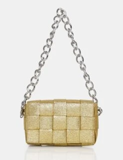 The Mayan Champagne Glitter Weave Gold Chain Detail Shoulder Bag