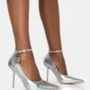 Lotty Metallic Silver Padlock Ankle Detail Pointed Court Stiletto Heels