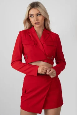 Buckle Detail Cropped Blazer Red