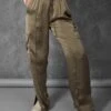 Split Hem Satin Elasticated Waist Wide Leg Cargo Trousers Khaki