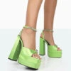 Frozen Lime Satin Sparkly Diamante Strap Open Toe Block Platform Heels