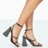 Skye Black Faux Suede Sparkly Diamante Open Toe Block High Heels