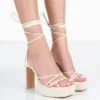Bring It Wide Fit Ecru Pu Square Toe Lace Up Strappy Platform Thin Block Heels