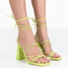 Coco Lime Grain Square Toe Strappy Lace Up Block Heels