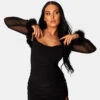 Feather Trim Mesh Shrug Black