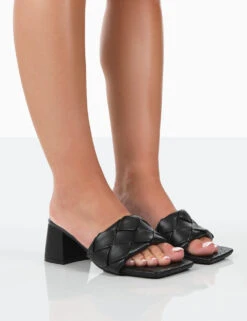 Play Nice Black PU Woven Square Toe Block Mid Heeled Sandals