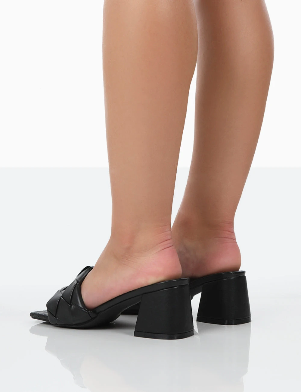 Play Nice Black PU Woven Square Toe Block Mid Heeled Sandals - Image 2