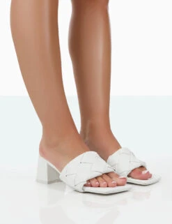 Play Nice White PU Woven Square Toe Block Mid Heeled Sandals