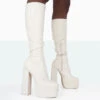 Passive Wide Fit Ecru Pu Square Toe Platform Block High Heel Over The Knee Boots
