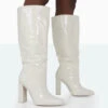 Posie Wide Fit Ecru Croc Knee High Block Heel Boots